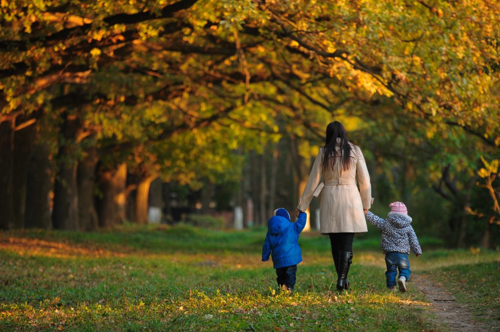 mother with children twins on a walk in the autumn park